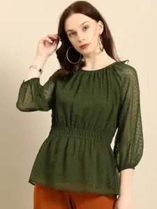 all about you Green Self Design Round Neck Blouson Sleeves Dobby Peplum Top