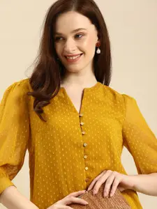 all about you Mustard Yellow Self- Design V Neck Puff Sleeves Top