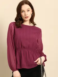 all about you Burgundy Vertical Stripes Boat Neck Bishop Sleeves Pleated Peplum Top
