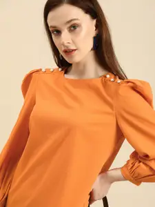 all about you Orange Solid Puff Sleeves Top