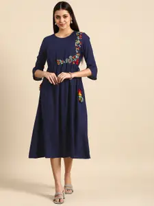 all about you Navy Blue Floral Embroidered A-Line Midi Dress