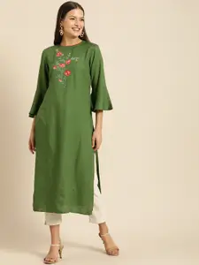 all about you Women Olive Green Floral Thread Work Detail Bell Sleeves Kurta