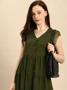 all about you Dark Olive Green Self Design V-Neck Tiered Dress