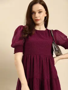 all about you Burgundy Self-design Puff Sleeves A-Line Midi Dress