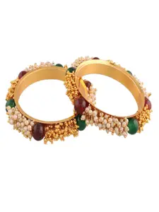 I Jewels Set of 2 Gold Plated Pearl Studded & Beaded Bangles