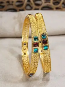 I Jewels Set of 2 Turquoise Blue & Red Gold-Plated Stone Studded Bangles