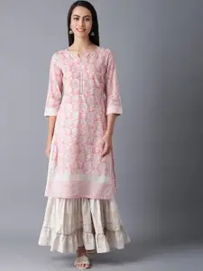 W Women Pink & White Ethnic Motifs Sequins Printed Cotton Kurta