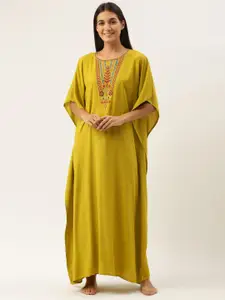 Bannos Swagger Olive Green Embroidered Kaftan Nightdress