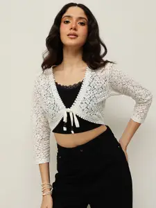 Espresso Women Off White Crop Tie-Up Shrug