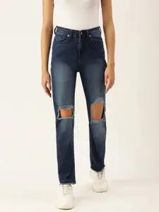 FOREVER 21 Women Blue Skinny Fit Slash Knee Heavy Fade Jeans