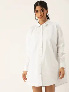 FOREVER 21 Women White Solid Cotton Shirt Mini Dress