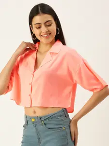 FOREVER 21 Women Neon Pink Solid Shirt Style Crop Top