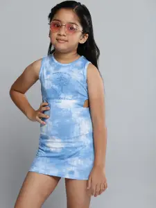 YK Girls Blue & White Tie & Dye Ariel Princess Print A-Line Dress with Cut-Out