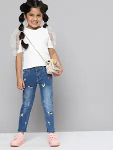 YK Girls Blue Embroidered Stretchable Jeans