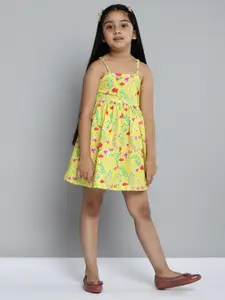 YK Girls Yellow & Red Floral Print Fit & Flare Dress