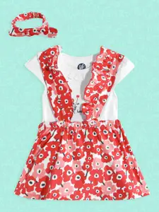 YK Girls White & Red Pure Cotton Floral Print Top with Skirt & Hairband