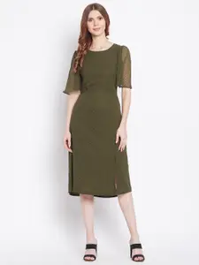 Imfashini Olive Green Georgette Midi Dress