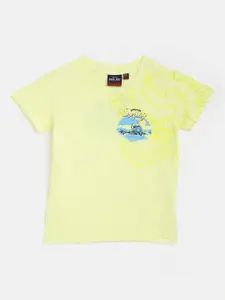 Gini and Jony Infant Boys Yellow & Blue Pure Cotton Printed T-shirt