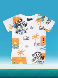Gini and Jony Infant Boys White & Orange Cotton Tropical Printed T-shirt