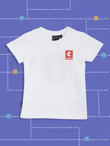 Gini and Jony Boys White & Red Pure Cotton Pac-Man Printed Back T-shirt