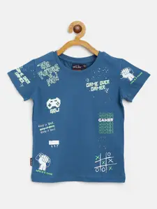 Gini and Jony Boys Teal Blue & White Pure Cotton Typography Printed T-shirt