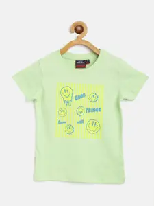 Gini and Jony Boys Green & Yellow Pure Cotton Typography Printed T-shirt