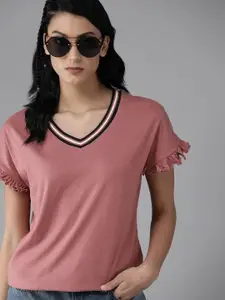 The Roadster Lifestyle Co. Women Dusty Pink Solid Extended Sleeves Pure Cotton T-shirt