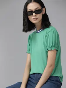 The Roadster Lifestyle Co. Women Green Solid Pure Cotton Puff Sleeves Top