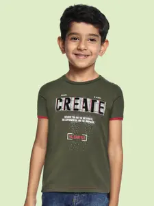 Monte Carlo Boys Olive Green & Black Typography Printed Cotton T-shirt