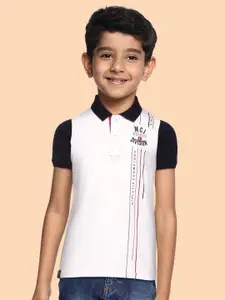 Monte Carlo Boys White & Navy Blue Printed Polo Collar Pure Cotton T-shirt