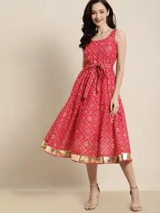 Shae by SASSAFRAS Pink & Green Patola Sleeveless Anarkali Dress