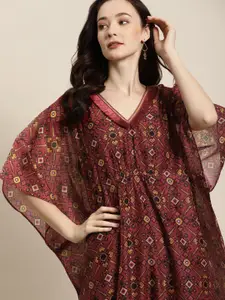 Shae by SASSAFRAS Maroon & Green Patola Kaftan Dress With Slip