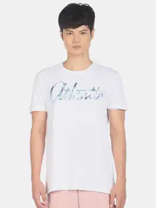 Arrow Men White Typography Printed V-Neck Applique T-shirt