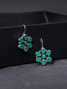 Yellow Chimes Green & Silver-Toned Floral Oxidized Drop Earrings