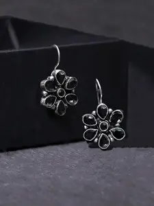 Yellow Chimes Black Silver Plated Oxidised Floral Drop Earrings