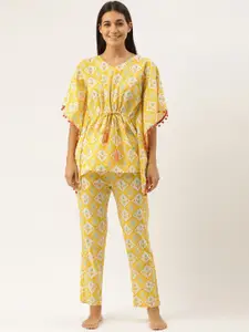 Bannos Swagger Women Yellow & White Printed Night suit