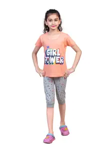 Nottie Planet Girls Coral & Grey Printed Night Suit