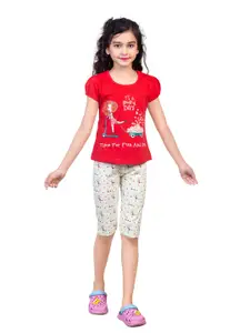 Nottie Planet Girls Red & Green Printed T-shirt with Capris