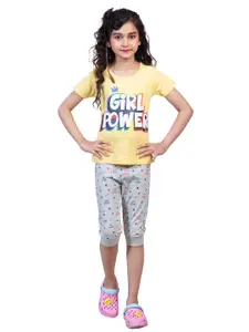 Nottie Planet Girls Yellow & Grey Printed T-shirt with Capri