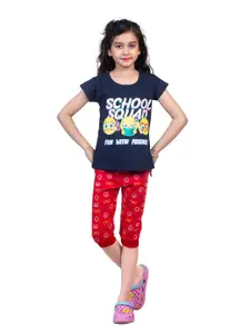 Nottie Planet Girls Navy Blue & Red Printed T-shirt with Capris