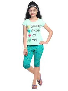Nottie Planet Girls Lime Green Printed T-shirt With Capris