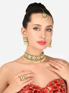 Zaveri Pearls Green & Pink Stones Ethnic Choker Necklace With Earring & Maangtikka Set