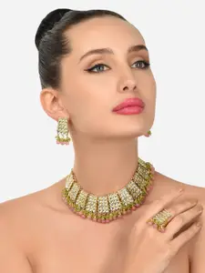 Zaveri Pearls Gold-Plated Pink & Green Beaded Drops Kundan Necklace with Earring & Ring