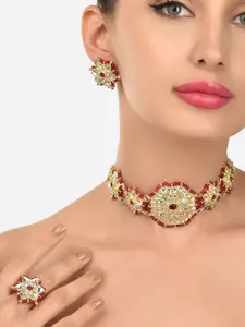 Zaveri Pearls Pink & Golden Crystal & Kundan Beaded Choker Necklace Set