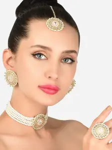 Zaveri Pearls Gold-Plated & Peach Pearls Meenakari Multistrand Crystal Necklace Set