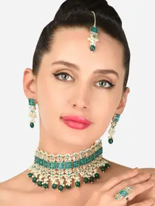 Zaveri Pearls Woman Green Kundan Choker Necklace Earring Maangtikka & Ring Set