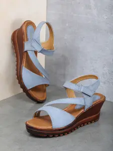 EVERLY Blue & Brown Leather Wedge Sandals