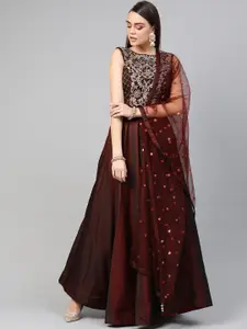 Chhabra 555 Maroon Floral Embroidered Satin Ethnic Maxi Dress With Dupatta