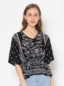 FLAWLESS Black & White Floral Print Crepe Cinched Waist Top
