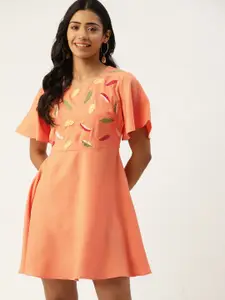 DressBerry Peach-Coloured Floral Embroidered A-Line Dress